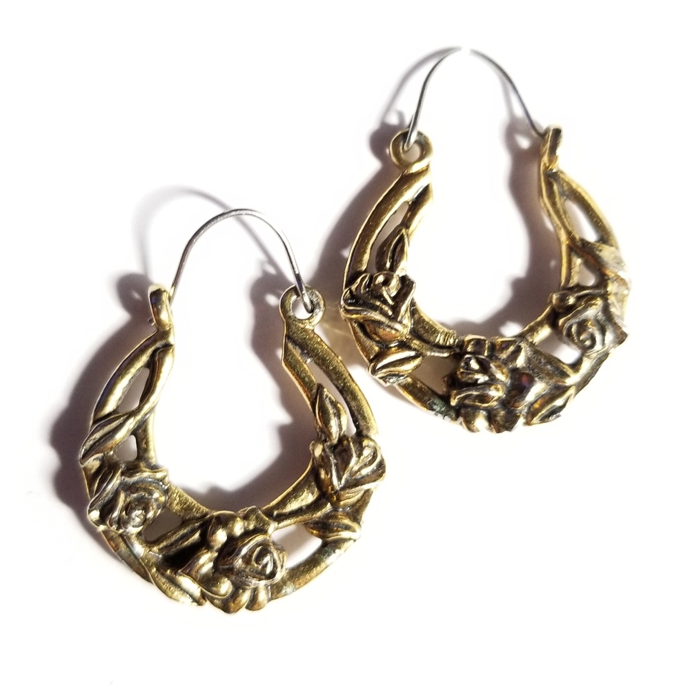 Floral hoop earrings antiqued gold tone boho style rose